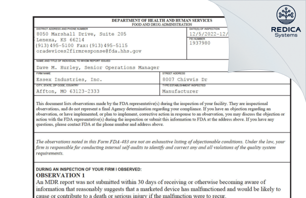 FDA 483 - Essex Industries, Inc. [Affton / United States of America] - Download PDF - Redica Systems