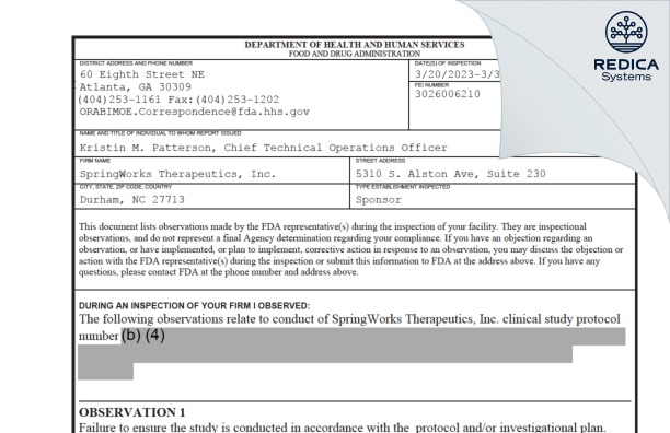 FDA 483 - SpringWorks Therapeutics, Inc. [Durham / United States of America] - Download PDF - Redica Systems