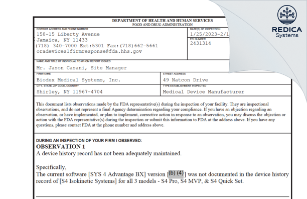 FDA 483 - Biodex Medical Systems, Inc. [Shirley / United States of America] - Download PDF - Redica Systems
