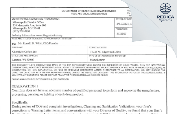 FDA 483 - Chemrite Copac, Inc. [Lannon / United States of America] - Download PDF - Redica Systems