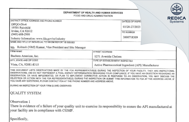 FDA 483 - Bachem Americas, Inc. [Vista / United States of America] - Download PDF - Redica Systems