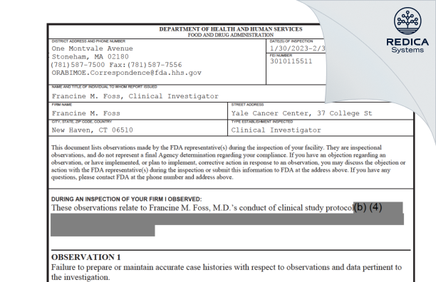 FDA 483 - Francine M. Foss [New Haven / United States of America] - Download PDF - Redica Systems