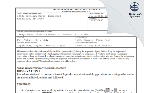 FDA 483 - Fuji Yakuhin Co., Ltd. [Fuchumachiitakura Toyama / Japan] - Download PDF - Redica Systems