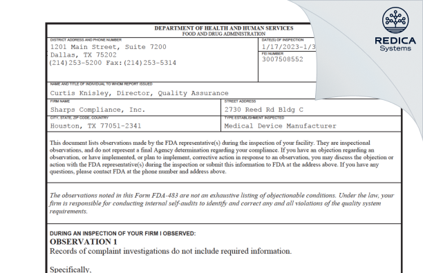FDA 483 - Sharps Compliance, Inc. [Houston / United States of America] - Download PDF - Redica Systems