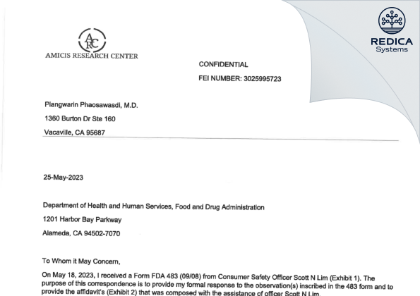 FDA 483 Response - Piangwarin Phaosawasdi, M.D. [Vacaville / United States of America] - Download PDF - Redica Systems