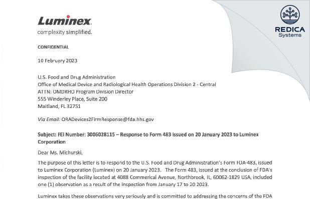 FDA 483 Response - Luminex Corporation [Northbrook / United States of America] - Download PDF - Redica Systems