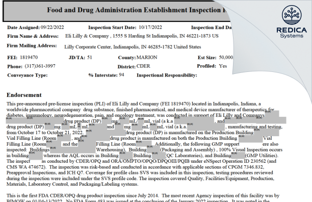 EIR - Eli Lilly and Company [Indianapolis / United States of America] - Download PDF - Redica Systems