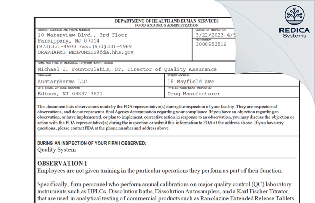 FDA 483 - AustarPharma, LLC [Edison / United States of America] - Download PDF - Redica Systems