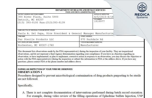 FDA 483 - Par Sterile Products LLC [Rochester / United States of America] - Download PDF - Redica Systems