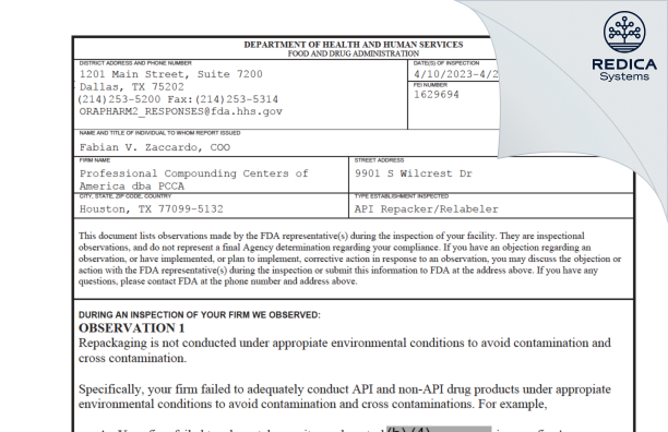 FDA 483 - Professional Compounding Centers of America dba PCCA [Houston / United States of America] - Download PDF - Redica Systems