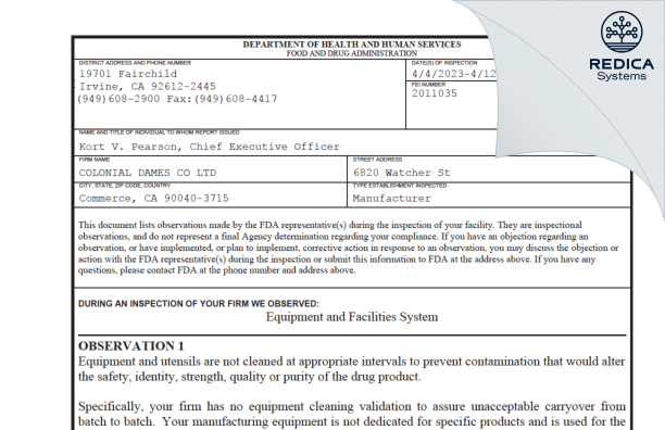 FDA 483 - COLONIAL DAMES CO LTD [California / United States of America] - Download PDF - Redica Systems