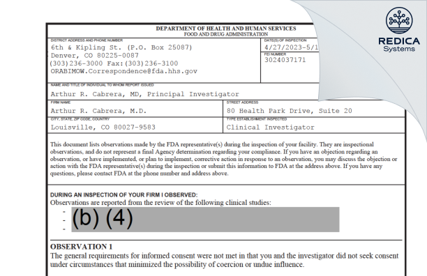 FDA 483 - Arthur R. Cabrera, M.D. [Louisville / United States of America] - Download PDF - Redica Systems