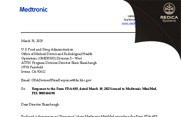 FDA 483 Response - Medtronic MiniMed, Inc. [Northridge / United States of America] - Download PDF - Redica Systems