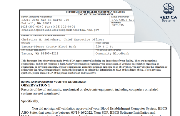 FDA 483 - Tacoma-Pierce County Blood Bank [Tacoma / United States of America] - Download PDF - Redica Systems