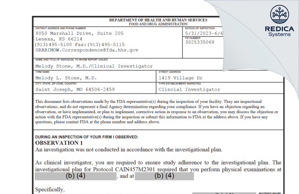 FDA 483 - Melody L. Stone, M.D. [Saint Joseph / United States of America] - Download PDF - Redica Systems