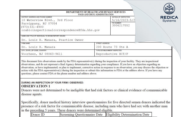 FDA 483 - Dr. Louis R. Manara [Voorhees / United States of America] - Download PDF - Redica Systems