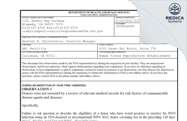 FDA 483 - HRC Fertility [Carlsbad / United States of America] - Download PDF - Redica Systems