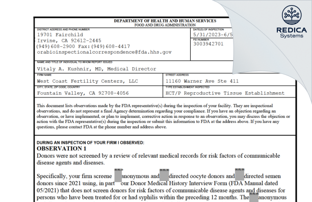 FDA 483 - West Coast Fertility Centers, LLC [Fountain Valley / United States of America] - Download PDF - Redica Systems