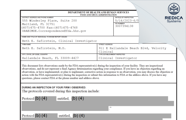FDA 483 - Beth E. Safirstein, M.D. [Hallandale Beach / United States of America] - Download PDF - Redica Systems