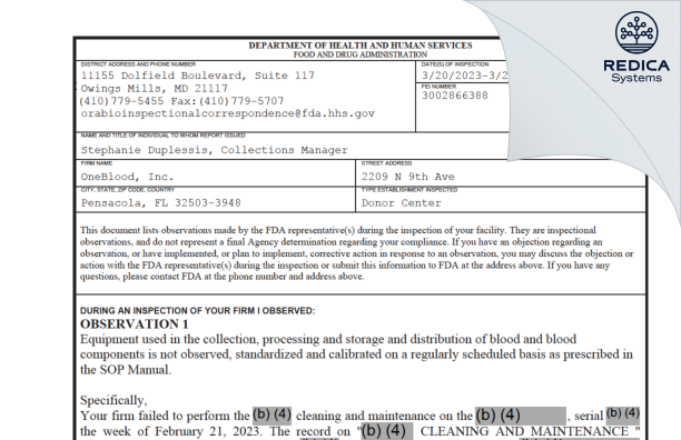 FDA 483 - OneBlood, Inc. [Pensacola / United States of America] - Download PDF - Redica Systems