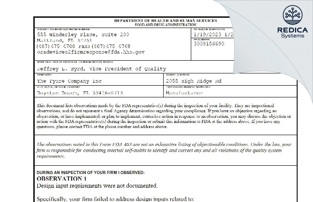 FDA 483 - The Pyure Company Inc [Boynton Beach / United States of America] - Download PDF - Redica Systems