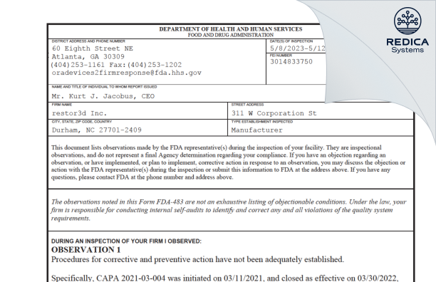 FDA 483 - restor3d Inc. [Durham / United States of America] - Download PDF - Redica Systems