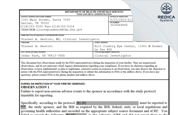 FDA 483 - Vincent A. Restivo [Cedar Park / United States of America] - Download PDF - Redica Systems