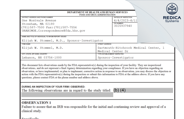 FDA 483 - Elijah W. Stommel, M.D. [Lebanon / United States of America] - Download PDF - Redica Systems