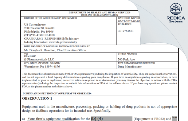 FDA 483 - I 3 PHARMACEUTICALS, LLC [Warminster Pennsylvania / United States of America] - Download PDF - Redica Systems