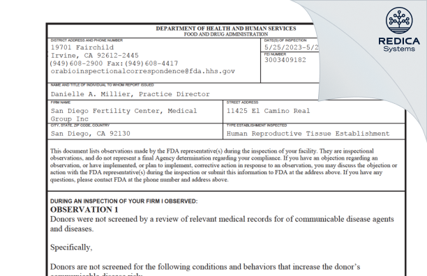 FDA 483 - San Diego Fertility Center, Medical Group Inc [San Diego / United States of America] - Download PDF - Redica Systems