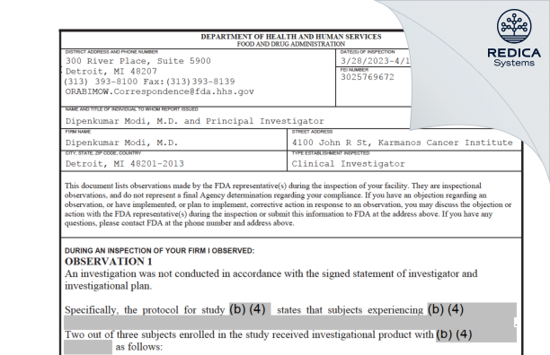 FDA 483 - Dipenkumar Modi, M.D. [Detroit / United States of America] - Download PDF - Redica Systems
