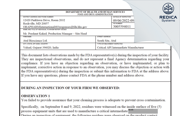 FDA 483 - Atul Bioscience Ltd. [Riverside Colony Atar / India] - Download PDF - Redica Systems