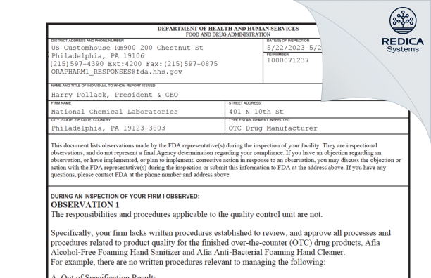 FDA 483 - National Chemical Laboratories, Inc. [Philadelphia / United States of America] - Download PDF - Redica Systems