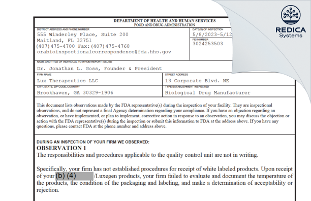FDA 483 - Lux Therapeutics LLC [Brookhaven / United States of America] - Download PDF - Redica Systems