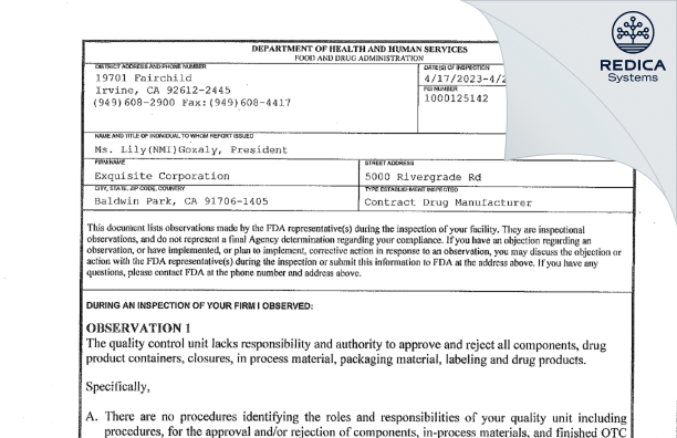 FDA 483 - Exquisite Corporation [Baldwin Park / United States of America] - Download PDF - Redica Systems