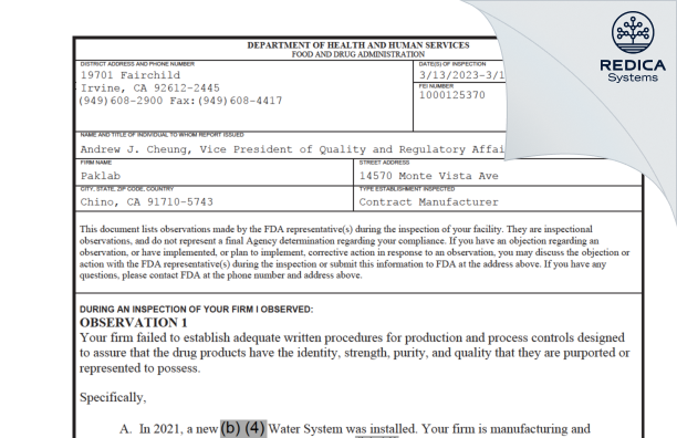 FDA 483 - Paklab [California / United States of America] - Download PDF - Redica Systems