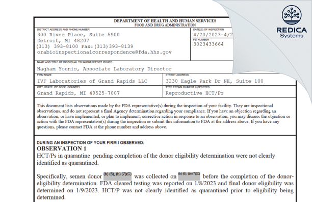 FDA 483 - IVF Laboratories of Grand Rapids LLC [Grand Rapids / United States of America] - Download PDF - Redica Systems