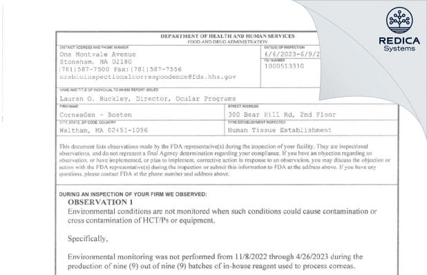 FDA 483 - CorneaGen - Boston [Waltham / United States of America] - Download PDF - Redica Systems