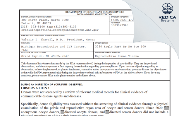 FDA 483 - Michigan Reproductive and IVF Center, PLLC [Grand Rapids / United States of America] - Download PDF - Redica Systems