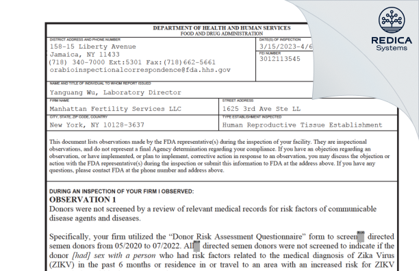 FDA 483 - Manhattan Fertility Services LLC [New York / United States of America] - Download PDF - Redica Systems