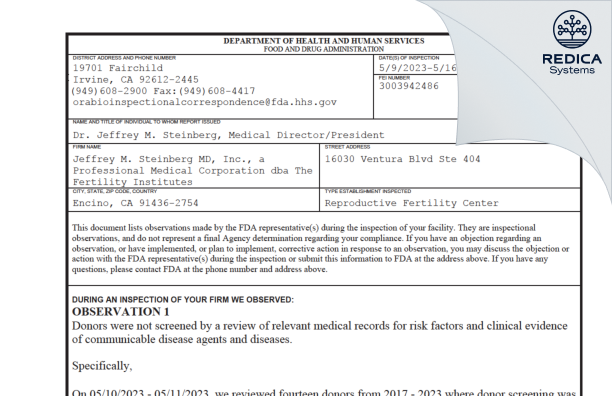 FDA 483 - Jeffrey M. Steinberg MD, Inc., a Professional Medical Corporation dba The Fertility Institutes [Encino / United States of America] - Download PDF - Redica Systems