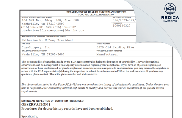 FDA 483 - CryoSurgery, Inc. [Nashville / United States of America] - Download PDF - Redica Systems