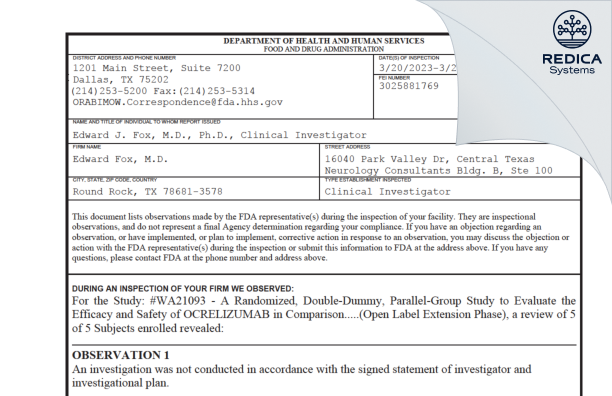 FDA 483 - Edward Fox, M.D. [Round Rock / United States of America] - Download PDF - Redica Systems