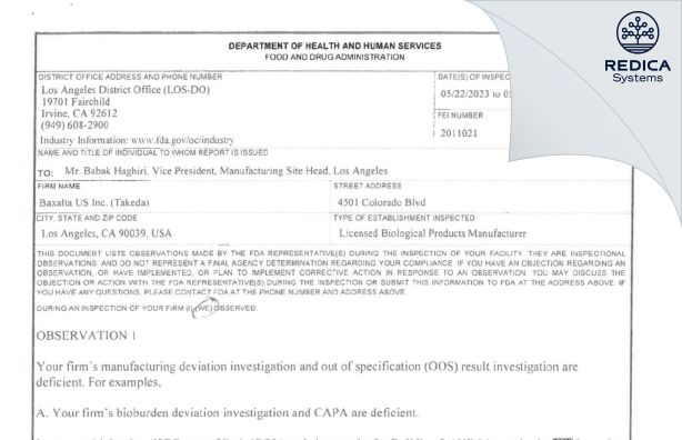 FDA 483 - BAXALTA US INC. [Los Angeles / United States of America] - Download PDF - Redica Systems