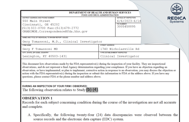FDA 483 - Gery F Tomassoni MD [Lexington / United States of America] - Download PDF - Redica Systems