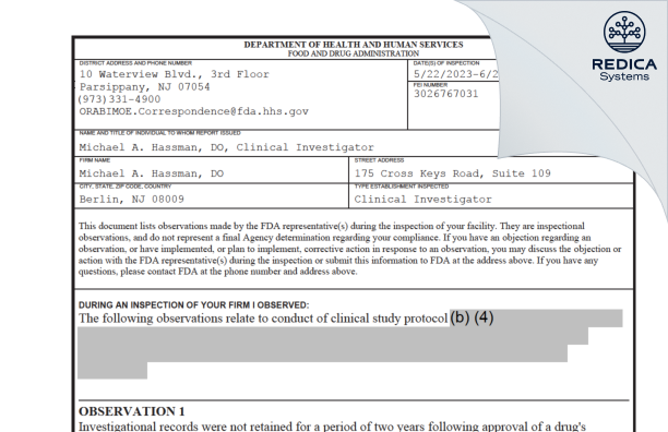 FDA 483 - Michael A. Hassman, DO [Berlin / United States of America] - Download PDF - Redica Systems