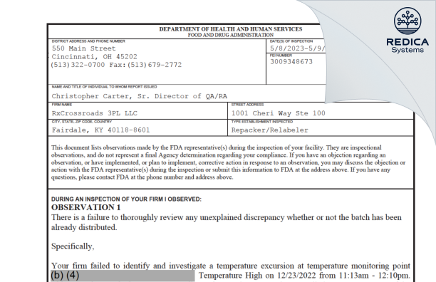 FDA 483 - RxCrossroads 3PL LLC [Louisville / United States of America] - Download PDF - Redica Systems