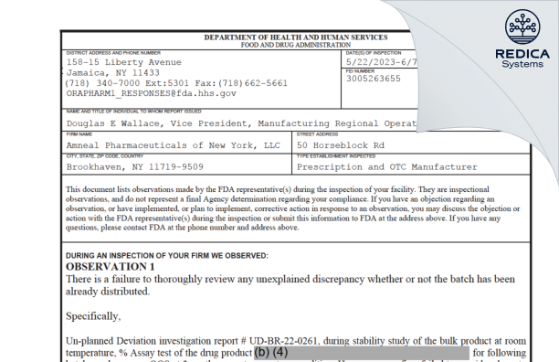 FDA 483 - Amneal Pharmaceuticals of New York, LLC [Brookhaven / United States of America] - Download PDF - Redica Systems