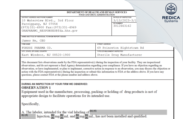 FDA 483 - FORDOZ PHARMA CORPORATION [Jersey / United States of America] - Download PDF - Redica Systems