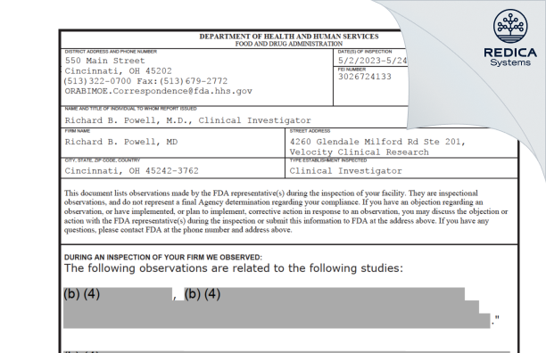 FDA 483 - Richard B. Powell, MD [Blue Ash / United States of America] - Download PDF - Redica Systems
